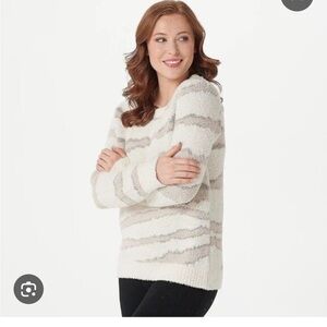 Barefoot Dreams CozyChic Seaside CrewNeck Pullover Sweater - Cream and Gray XS